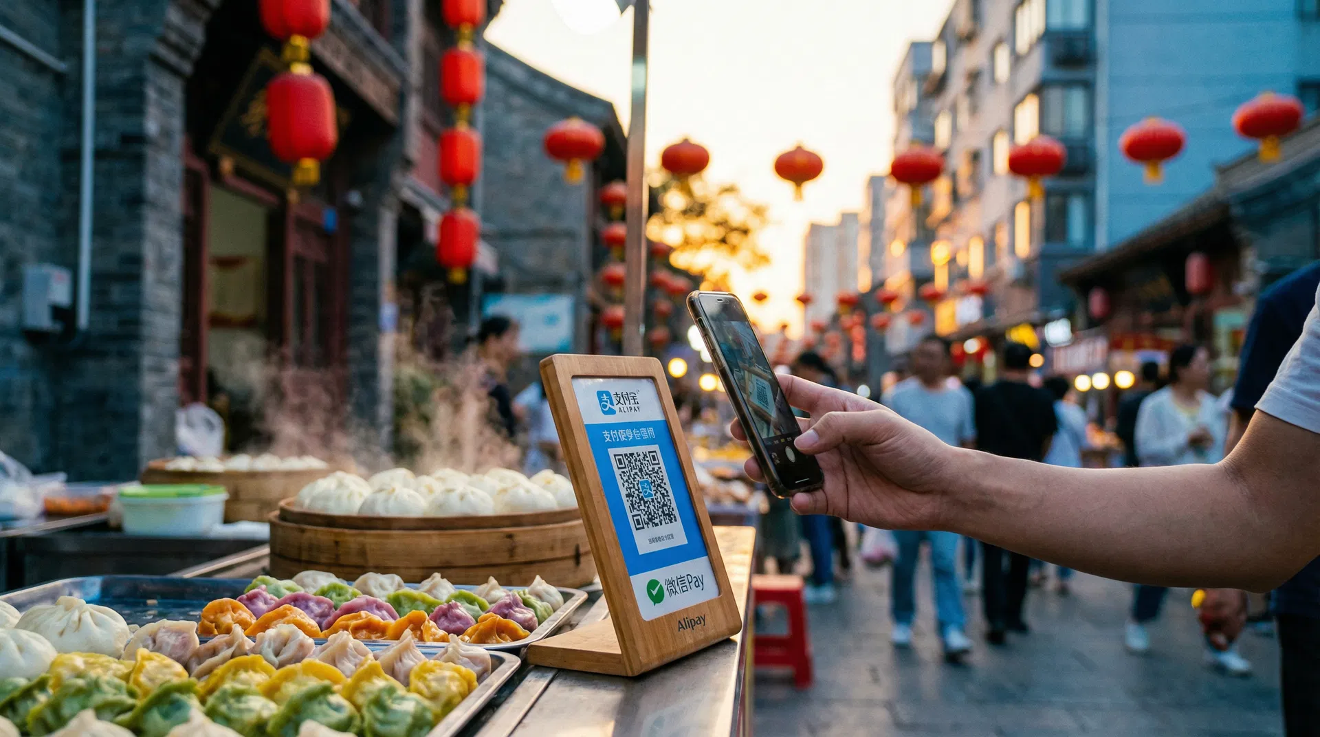 Chinese street market with QR code payment
